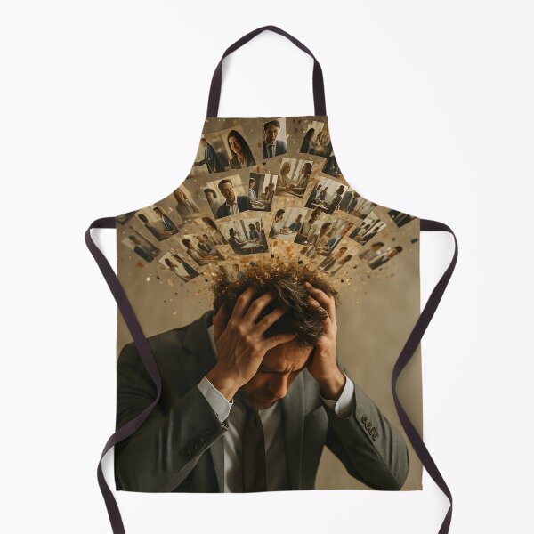Item preview, A stressed adult man clutches his head as numerous small images and particles explode from it, symbolizing mental overload and anxiety designed and sold by homydesign.