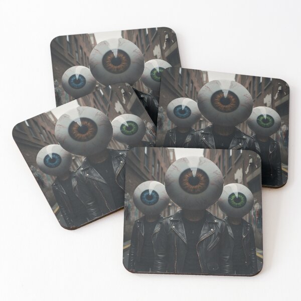 Item preview, Three surreal figures with giant eyeballs for heads wearing leather jackets in an urban alley designed and sold by homydesign.