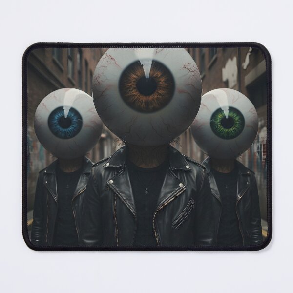Item preview, Three surreal figures with giant eyeballs for heads wearing leather jackets in an urban alley designed and sold by homydesign.
