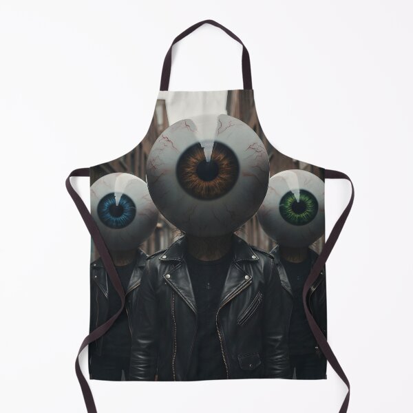 Aperçu de l'œuvre Trois figures surréalistes avec des yeux géants à la place de la tête, vêtues de vestes en cuir, dans une ruelle urbaine. créée et vendue par homydesign.