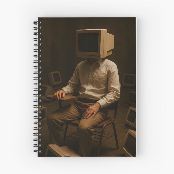 Item preview, A gender-neutral person with a computer monitor for a head sits in a dark room surrounded by old screens, appearing lost in a digital world designed and sold by homydesign.