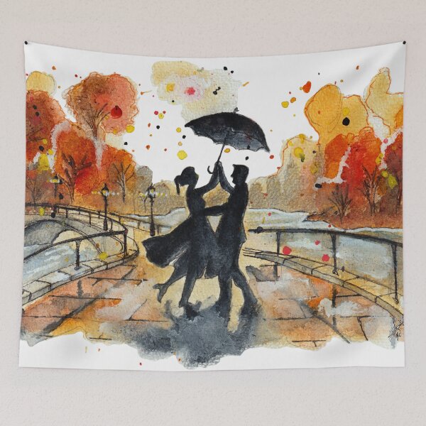 Item preview, Autumn City Bridge Walk Couple Silhouette Watercolor designed and sold by DesseindImages.