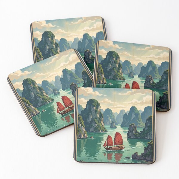 Aperçu de l'œuvre Baie d'Ha Long, Vietnam : Voyage vintage – Eaux émeraude, îles karstiques, jonque traditionnelle créée et vendue par Bomax121.