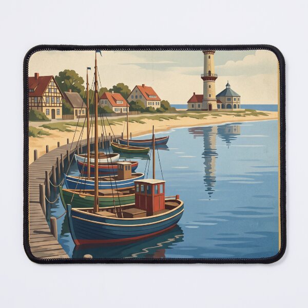 Artikelvorschau, Warnemünde, Deutschland – Vintage-Reiseziel: Leuchtturm Alter Strom, Strand, Fischerboote entworfen und verkauft von Bomax121.