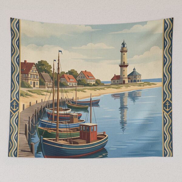 Item preview, Warnemunde Germany Vintage Travel – Alter Strom Lighthouse Beach Fishing Boats designed and sold by Bomax121.