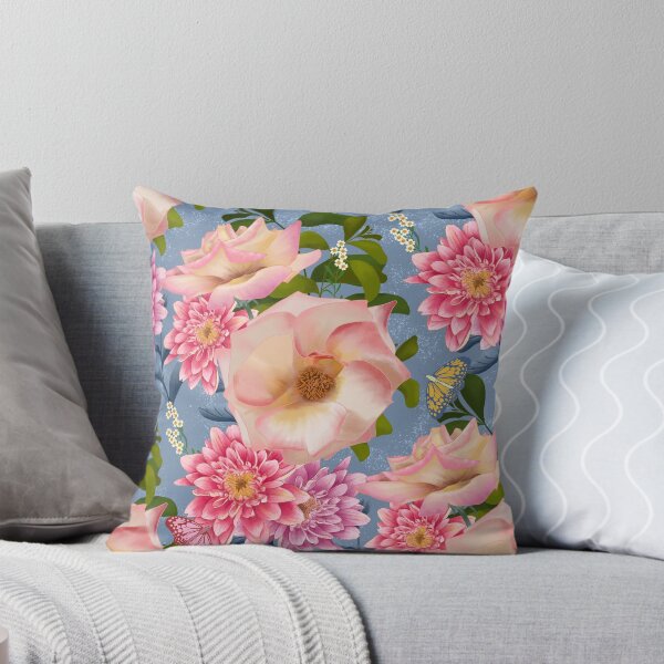 Item preview, Roses and Chrysanthemums with butterflies on soft textured blue  designed and sold by SCdesignqld.