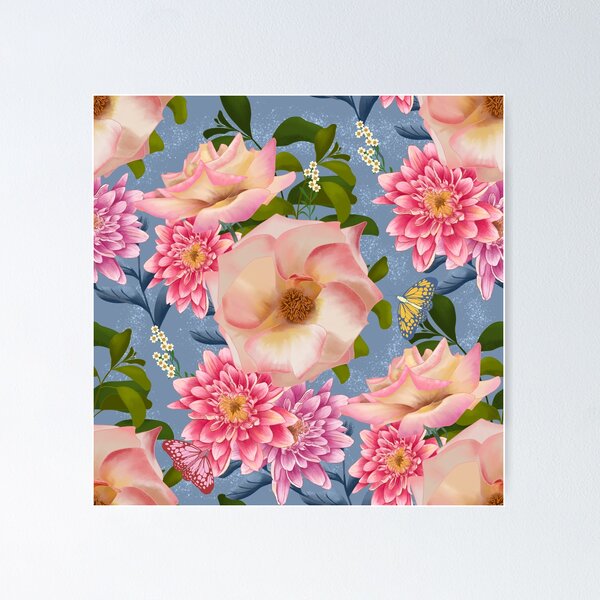 Item preview, Roses and Chrysanthemums with butterflies on soft textured blue  designed and sold by SCdesignqld.