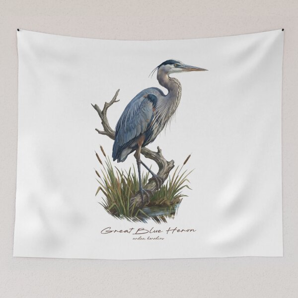 Item preview, Great Blue Heron in Marsh Wetland Bird Illustration designed and sold by Takeda-art.