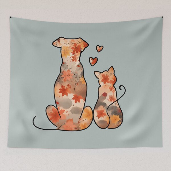 Item preview, Autumn leaves dog and cat in love designed and sold by 247DesignStudio.
