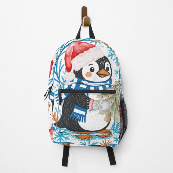 Item preview, Cute Christmas penguin holding a small tree and wearing a Santa hat, gloves and scarf, watercolor and colored pencil illustration. designed and sold by VibranPalette.