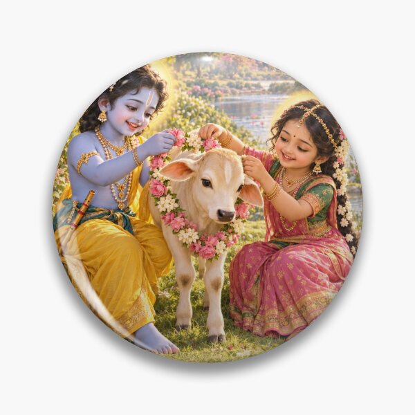 Artikelvorschau, Bala Krishna und Bala Radha schmücken ein Kalb in Vrindavan mit einer Girlande. entworfen und verkauft von Homyar.