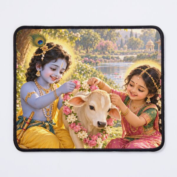 Aperçu de l'œuvre Bala Krishna et Bala Radha ornent un veau de guirlandes à Vrindavan créée et vendue par Homyar.