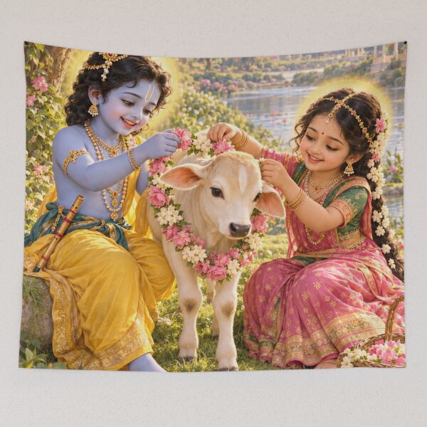 Artikelvorschau, Bala Krishna und Bala Radha schmücken ein Kalb in Vrindavan mit einer Girlande. entworfen und verkauft von Homyar.