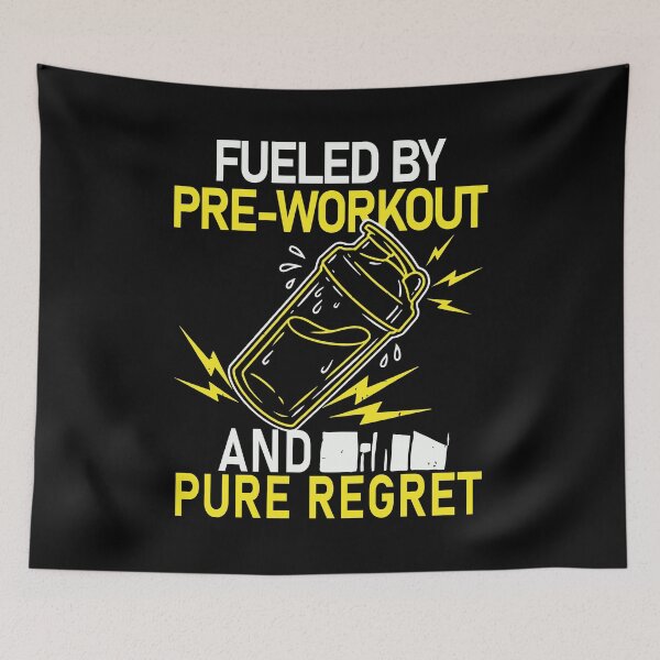 Artikelvorschau, Angetrieben von Pre-Workout und purer Reue – Lustiges Fitness-T-Shirt fürs Fitnessstudio entworfen und verkauft von Design-Pro-21.