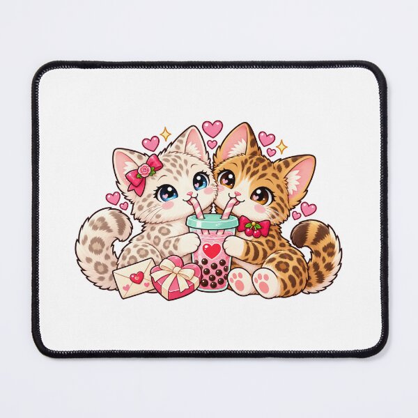 Artikelvorschau, Spotted Bengal Kitten Couple Sharing Pink Bubble Tea entworfen und verkauft von skyartdesign.
