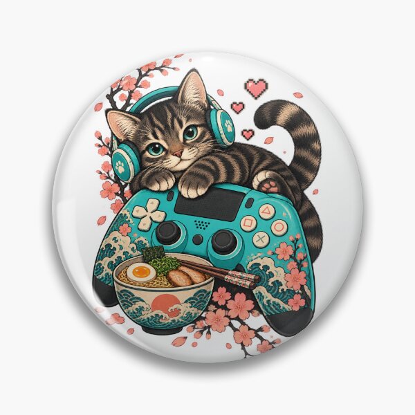Artikelvorschau, Gamer Kitten with Turquoise Controller and Noodles entworfen und verkauft von skyartdesign.