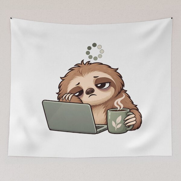Item preview, Sleepy Chibi Sloth at a Laptop – Funny Work Tiredness Animal Art designed and sold by The Tired Animal Club.