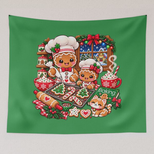 Item preview, Kawaii Christmas Gingerbread Baking Scene with Cute Gingerbread Chefs, Cookies & Cat designed and sold by ALH Apparel.