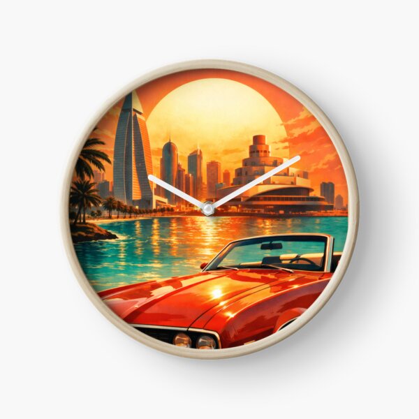 Aperçu de l'œuvre Affiche rétro pop art de Doha | Vue imprenable sur la corniche et la ville du Golfe persique | Décoration murale vintage sur le thème du voyage créée et vendue par PaintedPixels01.