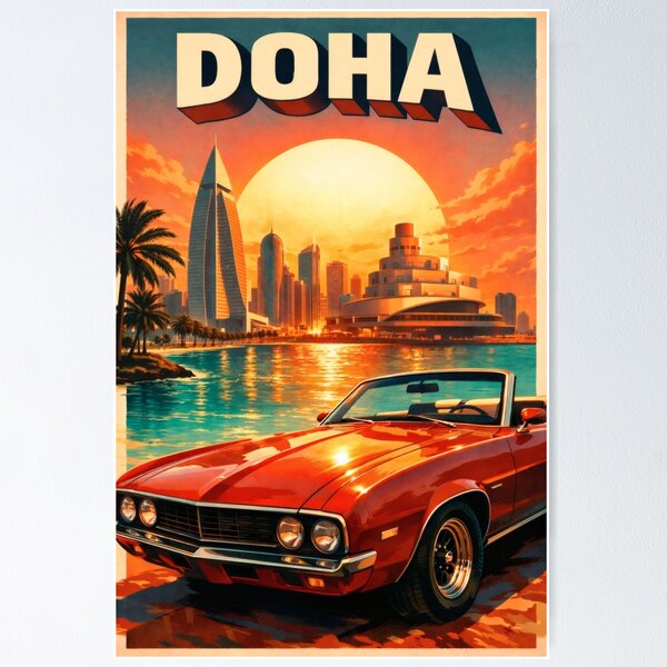Aperçu de l'œuvre Affiche rétro pop art de Doha | Vue imprenable sur la corniche et la ville du Golfe persique | Décoration murale vintage sur le thème du voyage créée et vendue par PaintedPixels01.