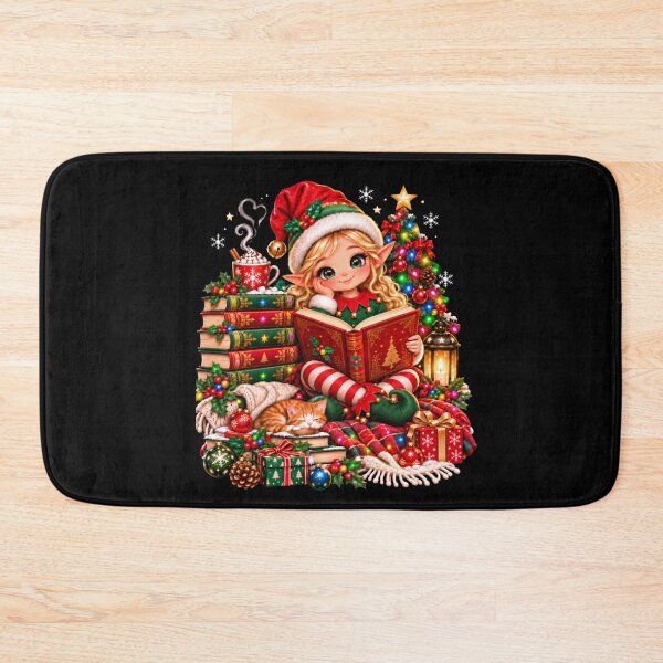 Item preview, Kawaii Christmas Elf Reading by the Tree with Cozy Books, Cat & Holiday Gifts designed and sold by ALH Apparel.