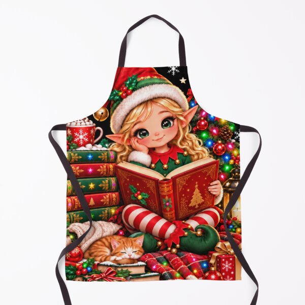 Item preview, Kawaii Christmas Elf Reading by the Tree with Cozy Books, Cat & Holiday Gifts designed and sold by ALH Apparel.