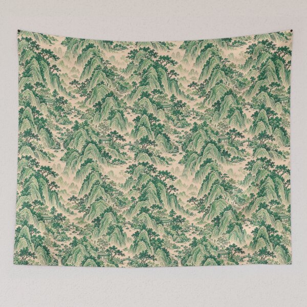 Item preview, Emerald Shanshui Mountains – Chinese-Inspired Landscape Toile Pattern designed and sold by Bodique.