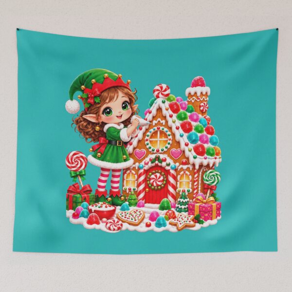 Item preview, Kawaii Christmas Elf Decorating Gingerbread House with Candy & Holiday Sweets designed and sold by ALH Apparel.