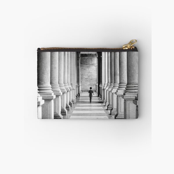 Item preview, Monochrome View Of Person Walking Through Grand Colonnade With Clock    designed and sold by Zakaryb.