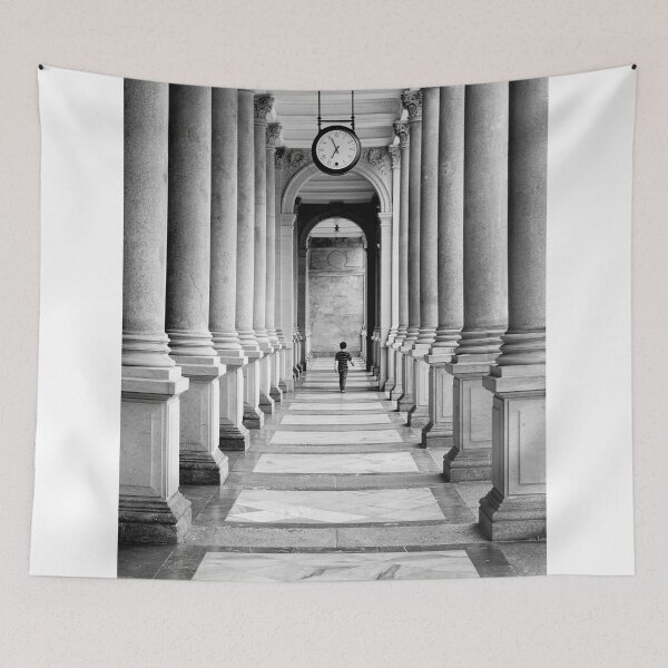 Item preview, Monochrome View Of Person Walking Through Grand Colonnade With Clock    designed and sold by Zakaryb.