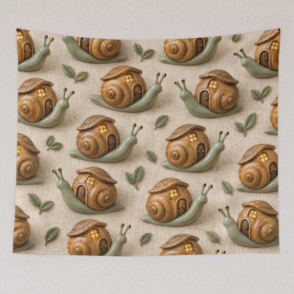 Item preview, Snail Houses with Glowing Windows – Cozy Woodland Cottagecore Pattern designed and sold by Kaleidoscope Print.