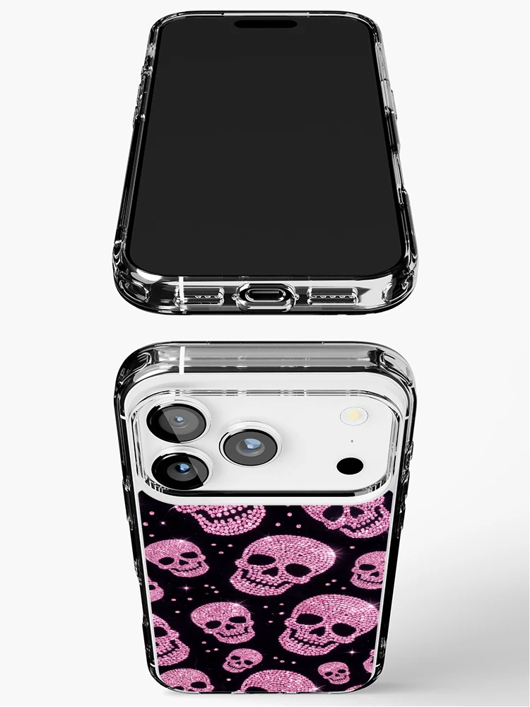 Thumbnail 3 of 5, iPhone Case, Pink Rhinestone Skull Pattern on Burgundy designed and sold by FASLab.