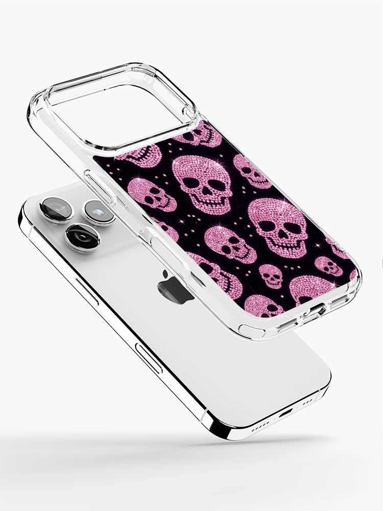 Thumbnail 2 of 5, iPhone Case, Pink Rhinestone Skull Pattern on Burgundy designed and sold by FASLab.