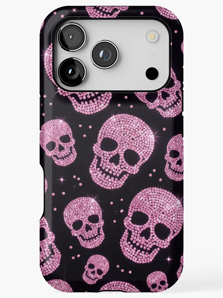 Thumbnail 1 of 4, iPhone Case, Pink Rhinestone Skull Pattern on Burgundy designed and sold by FASLab.