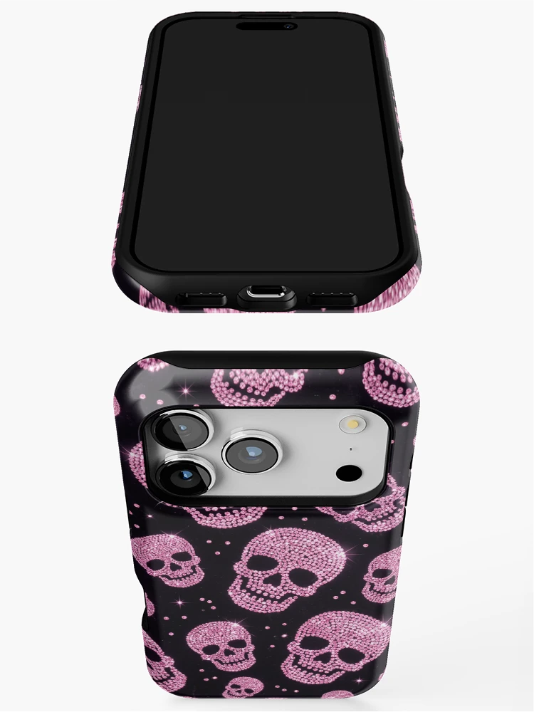 Thumbnail 3 of 4, iPhone Case, Pink Rhinestone Skull Pattern on Burgundy designed and sold by FASLab.