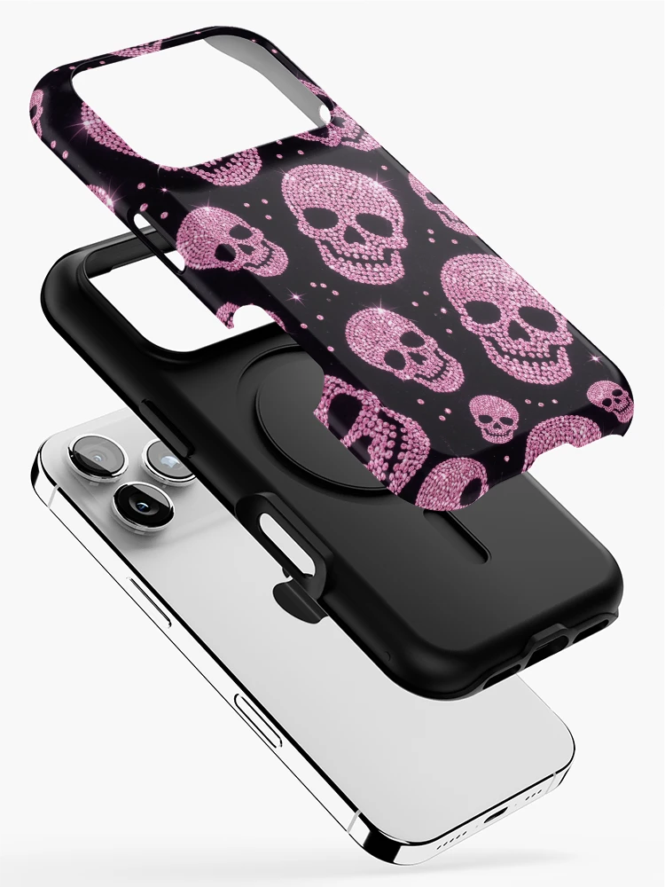 Thumbnail 2 of 4, iPhone Case, Pink Rhinestone Skull Pattern on Burgundy designed and sold by FASLab.