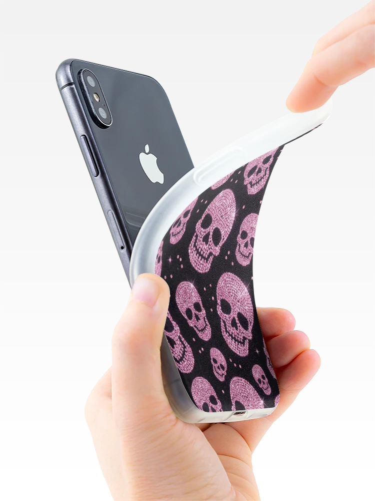 Thumbnail 4 of 5, iPhone Case, Pink Rhinestone Skull Pattern on Burgundy designed and sold by FASLab.