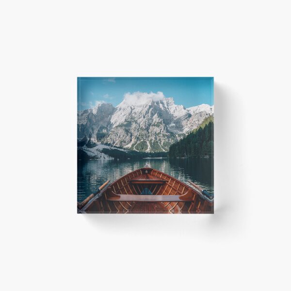 Item preview, Wooden Rowboat On Crystal Clear Lake Facing Towering Mountain Peaks    designed and sold by Russone.