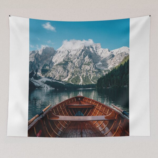 Item preview, Wooden Rowboat On Crystal Clear Lake Facing Towering Mountain Peaks    designed and sold by Russone.