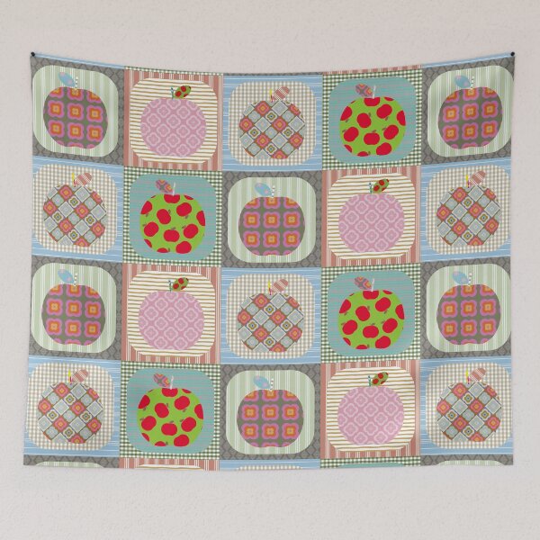 Item preview, Pom Pom Pom Pom Faux Patchwork Quilt in earthy Mid Century tones designed and sold by Anne Londez Studio.