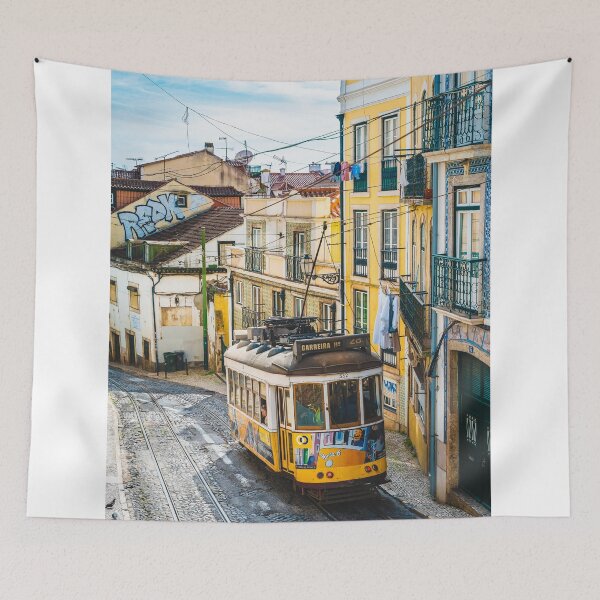 Item preview, Yellow Vintage Tram Driving On Narrow Lisbon Street    designed and sold by Christorn.