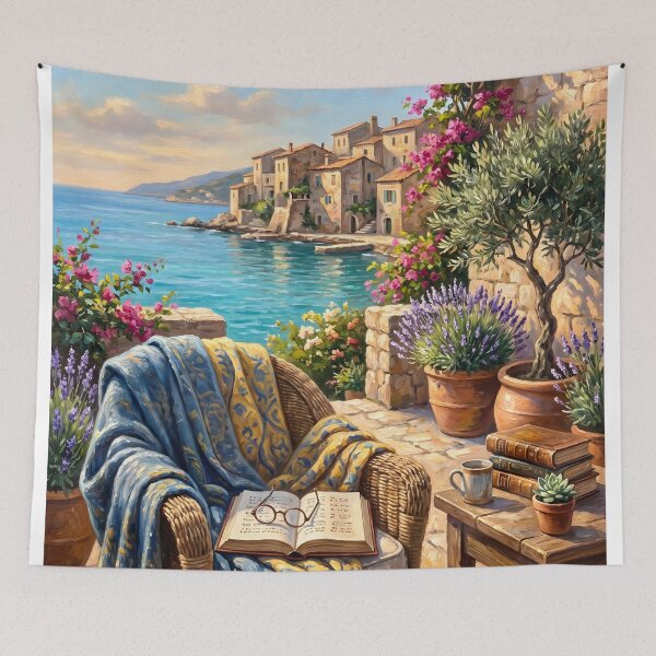 Item preview, Bookish Cottage Garden Mediterranean Sea View Reading Retreat Painting designed and sold by Jaani-T.
