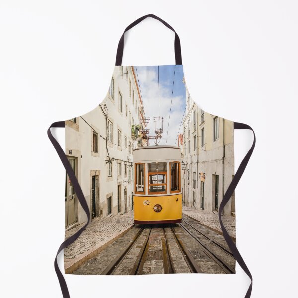 Item preview, Yellow Vintage Tram Ascending Steep Cobblestone Street In Lisbon designed and sold by Laughline.