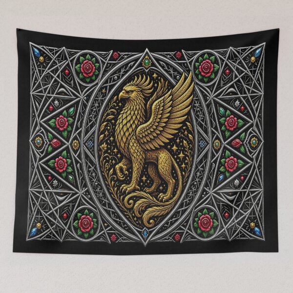 Item preview, Golden Griffin Mythical Beast - Gothic Rose Stained Glass Frame designed and sold by Breezes-of-Ida.