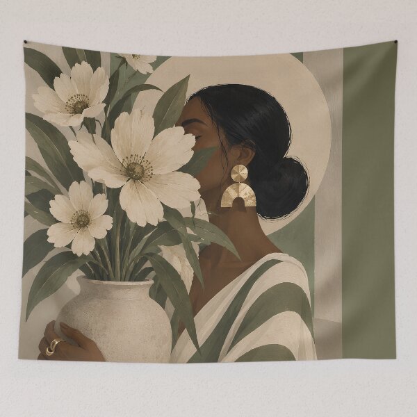 Item preview, Sage & Stripes Woman with Floral Vase designed and sold by salt n sass designs.