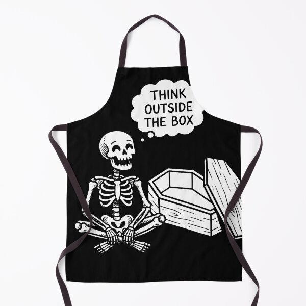 Item preview, A skeleton sitting next to a coffin with the words “Think outside the box” in a speech bubble on black background designed and sold by I-dsgn.