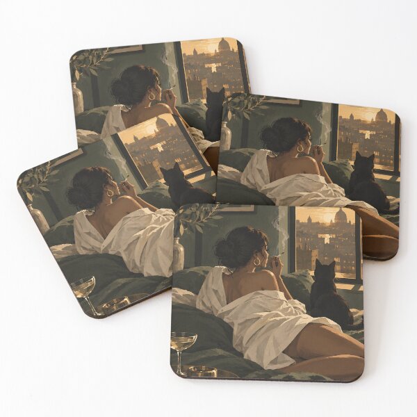 Item preview, Roman Sunset Cozy Bedroom View with Black Cat designed and sold by salt n sass designs.