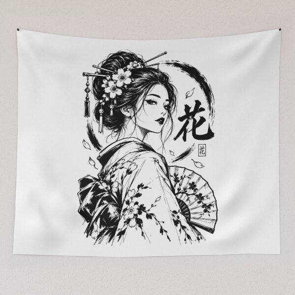 Aperçu de l'œuvre Geisha avec des fleurs et un éventail créée et vendue par bapupa.