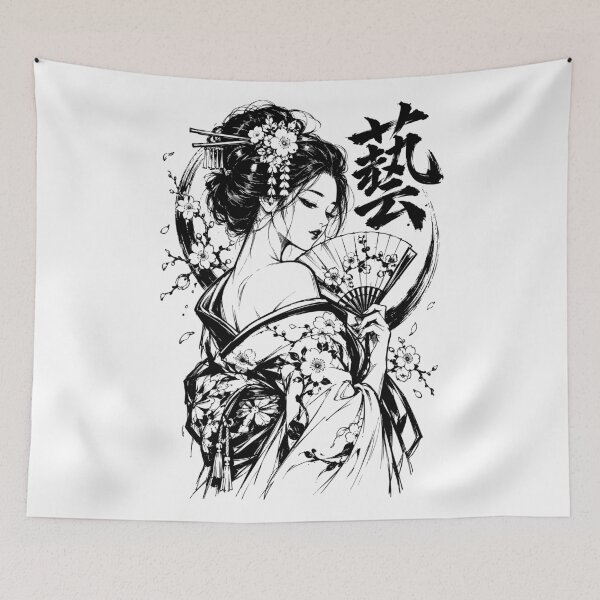 Aperçu de l'œuvre Geisha avec des fleurs de cerisier et des kanji créée et vendue par bapupa.