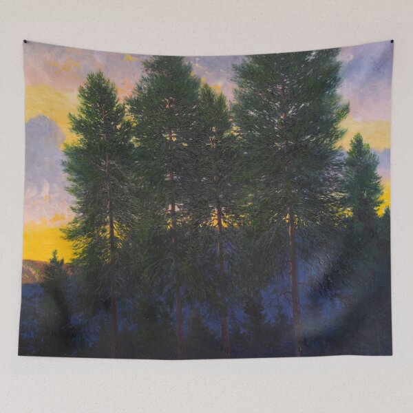 Artikelvorschau, Pines at sunset alpine mountain landscape painting art print by Oscar Lycke entworfen und verkauft von Jéanpaul Ferro.